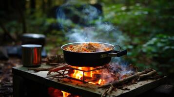 ai généré une camping le fourneau chauffage en haut une pot de soupe photo