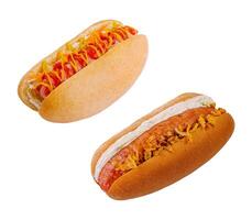 délicieux chaud chien avec moutarde et ketchup sur blanc Contexte photo