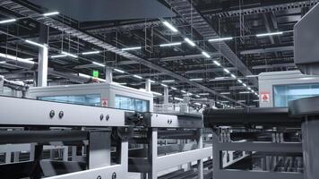 solaire panneau usine avec robotique bras placement pv modules sur automatisation lignes, 3d le rendu de industriel bâtiment intérieur. Masse production établissement produisant solaire cellules pour vert énergie industrie photo