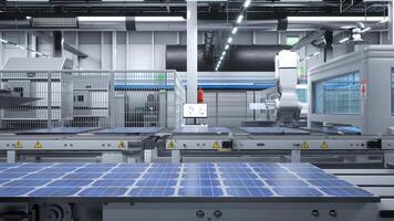 affaires produisant solaire panneaux dans usine avec robotique bras placement photovoltaïque modules sur convoyeur ceintures, 3d rendre. fabrication établissement produisant solaire cellules pour renouvelable énergie industrie photo