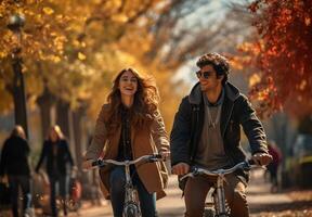 ai généré Jeune couple en marchant avec Vélos dans parc photo