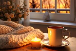 ai généré saison, loisir et objets concept - tasse avec engrener thé infuseur balle, bougie sur fenêtre seuil à Accueil photo