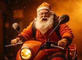 ai généré Père Noël claus livre cadeaux équitation une moto. Père Noël bicyclette photo