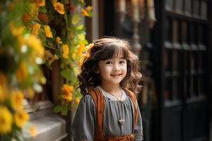 ai généré portrait de souriant fille permanent à la recherche à caméra. adorable enfant posant portant décontractée vêtements photo