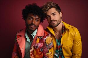 ai généré Multi-éthnique content gay couple contre studio Contexte. diversité, lgbtq gens concept. copie espace photo