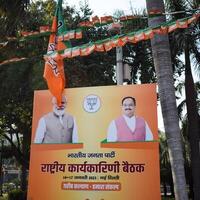 Nouveau Delhi, Inde - février 17 2024 - premier ministre narendra modi Couper en dehors pendant bjp route montrer, le statue de pm modi tandis que assister une gros élection se rallier dans le Capitale photo