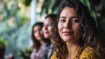 ai généré une fier Latin américain femme entouré par autre femmes dans bureau, à réunion, dans affaires environnement. portrait de sur de soi femme d'affaires. bokeh dans Contexte. ai généré. photo