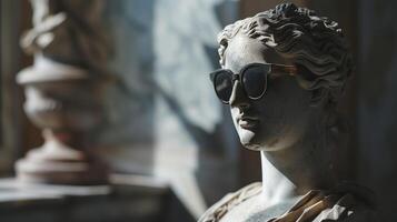 ai généré un antique buste sculpture dans moderne des lunettes de soleil. bokeh dans le Contexte. ai généré. photo