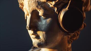 ai généré un antique buste sculpture dans moderne écouteurs. bokeh dans le Contexte. ai généré. photo