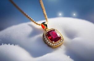 ai généré antique précieux collier, rubis pendentif dans le neige photo