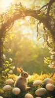 ai généré Pâques des œufs dans herbe avec lumière du soleil Contexte photo