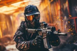 ai généré compétitif la personne en jouant paintball pistolet tournage. produire ai photo