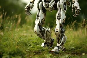 ai généré la personne cyborg art en marchant sur herbe. produire ai photo
