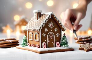 ai généré une lumière image avec une pain d'épice maison décoration, comme une symbole pour pain d'épice maison journée. Nouveau années et Noël photo