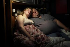 ai généré en surpoids couple en train de dormir Bien. produire ai photo