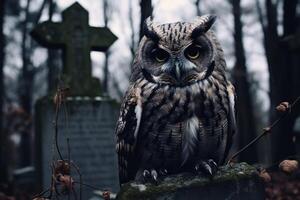 ai généré solennel hibou séance sur cimetière pierre tombeau. produire ai photo