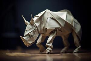 ai généré exquis origami coloré rhinocéros. produire ai photo