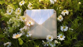 ai généré enveloppe et magnifique Marguerite fleurs sur vert herbes photo