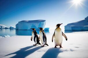 ai généré monde manchot jour, une troupeau de adulte pingouins sur un la glace banquise, un iceberg dans le océan, le Royaume de la glace et neige, le neigeux côte, le loin Nord photo
