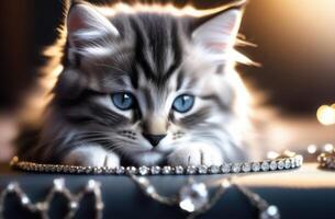 ai généré bijoux salon, or et argent bijoux avec précieux des pierres, bijoux publicité, rayé duveteux national gris chaton, animaux domestiques dans publicité, La publicité luxe tendance photo