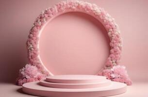 ai généré un cambre de fleurs, un vide rond rose podium, pastel couleurs, une Plate-forme pour affichage produits de beauté et parfums, une modèle pour une étape pour publicité, gratuit espace photo