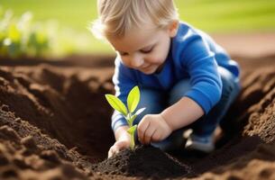 ai généré tonnelle jour, une Jeune arbre grandit en dehors de le sol, plantation végétaux, une petit enfant les plantes une arbre, une blond européen garçon, printemps, ensoleillé journée photo