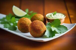 ai généré pourim, traditionnel juif plat, nationale juif cuisine, frit pois chiche galettes, falafel et concombre sauce, végétalien cuisine photo