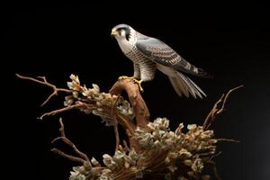 ai généré majestueux pèlerin faucon séance sur arbre branche. produire ai photo