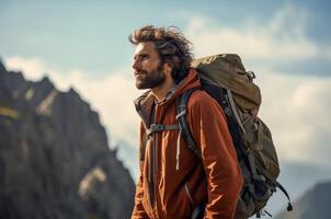 ai généré amoureux de la nature homme promeneur sac à dos. produire ai photo