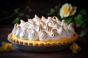 ai généré vibrant et piquant citron Meringue tarte dans lumière du soleil. produire ai photo