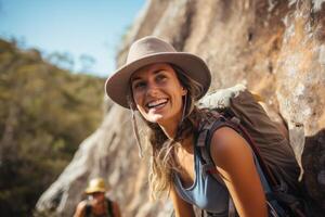 ai généré Jeune femme Roche escalade aptitude. produire ai photo