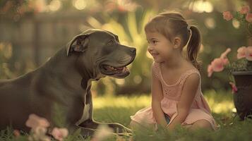 ai généré une Jeune fille en jouant avec une pitbull dans le cour, leur bonheur évident dans leur espiègle les interactions et insouciant expressions. photo