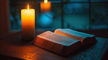 ai généré un ouvert saint livre, le Bible, suivant à une brûlant bougie sur une blanc en bois tableau, tandis que communicant avec Dieu photo