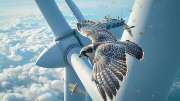 ai généré une majestueux faucon planant gracieusement entre le imposant lames de une vent turbine, mettant en valeur le complexe équilibre entre faune et renouvelable énergie. photo