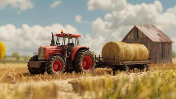 ai généré une agriculteur en fonctionnement une tracteur à charge rond foins balles sur une bande-annonce, mettant en valeur le agricole processus de récolte et transportant paille balles avec authentique le réalisme et détail. photo