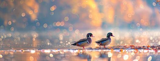 ai généré une paire de bois canards gracieusement glissement le long de le tranquille des eaux suivant à le rive de une Montagne lac, illuminé par le doux teintes de de bonne heure Matin lumière. photo