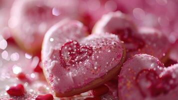 ai généré délicatement décoré bonbons, en forme de coeur biscuits orné avec rose et rouge glaçage, et saupoudré avec comestible briller, évoquant une sens de romance et indulgence. photo