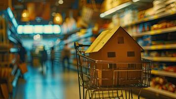 ai généré une fermer de une papier carton maison mis dans une supermarché Chariot, illuminé par Naturel lumière du jour. photo