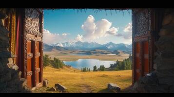 ai généré mongol paysages par une Cadre dans une Cadre composition, où le silhouette de une yourte porte cadres une loin vue de prairies, une lac, et majestueux montagnes. photo