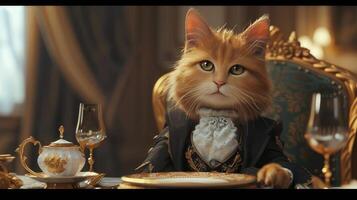 ai généré un Animé chaton exsudant sophistication dans ses tenue, dépeint dans hyper-réaliste détail photo