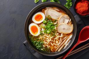 ai généré bol de ramen avec difficile bouilli des œufs et nouilles, savoureux Japonais plat photo