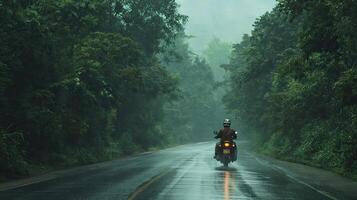 ai généré une moto chauffeur navigation par le pluie sur une à forte densité bordé d'arbres route, le chatoyant gouttes de pluie et luxuriant feuillage création une captivant ambiance de la nature embrasse photo