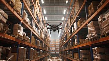 ai généré drones planant plus de allées dans une entrepôt, avec diligence balayage codes-barres pour précis inventaire gestion, mettant en valeur le sans couture l'intégration de La technologie dans le la fourniture chaîne. photo