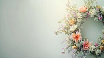 ai généré une floral couronne délicatement arrangé sur une lumière arrière-plan, avec ample gratuit espace pour texte, parfait pour mariage faire-part, salutation cartes, ou annonces, exsudant beauté photo