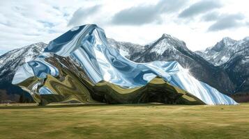 ai généré une Montagne paysage ouvré entièrement de miroirs dans une réaliste photographier, reflétant le alentours environnement et création une fascinant optique illusion. photo