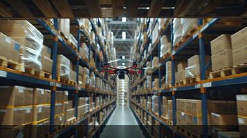 ai généré drones planant plus de allées dans une entrepôt, avec diligence balayage codes-barres pour précis inventaire gestion, mettant en valeur le sans couture l'intégration de La technologie dans le la fourniture chaîne. photo
