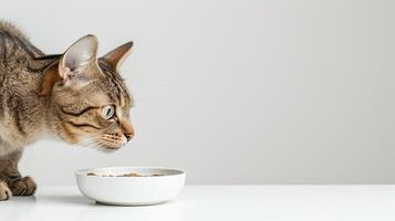 ai généré une chat ses tête en dehors de en dessous de le tableau, tiré par le arôme de humide chat nourriture dans une bol mis sur le tableau, contre une blanc arrière-plan, mettant en valeur le irrésistible séduire de à manger photo