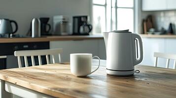 ai généré une moderne électrique bouilloire séance à côté de une tasse sur une en bois table dans une rempli de lumière, minimaliste cuisine, dépeindre le mariage de style et utilitaire dans contemporain Accueil appareils électroménagers. photo