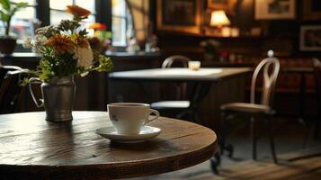 ai généré magnifique solide bois café table comme le focal indiquer, orné avec une fumant tasse de noir café, contre le toile de fond de une magnifiquement décoré café. photo