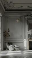 ai généré une gris intérieur orné avec complexe moulures, exsudant un aura de classique élégance et sophistication. photo